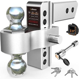 Drop Hitch 2.5 Inch Receiver, Vullteeon 6 Inch Adjustable Trailer Hitch Ball Mount, 18,500 LBS GTW, (2" & 2-5/16") Chrome Plated Steel Balls, Class 5 Aluminum Tow Hitches with 2 Anti-Theft Pins Locks
