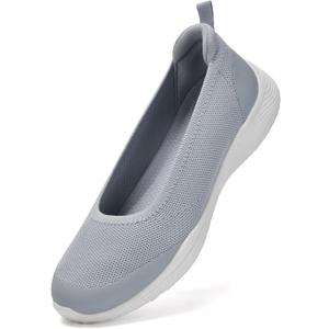 Women's Knit Slip On Walking Shoes - Comfort Ballet Flats with Rubber Sole & Arch Support (Gray)
