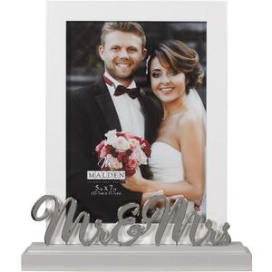 Malden International Designs 5x7 Mr & Mrs Wedding Picture Frame White MDF Wood Frame Routed Gray MDF Wood Base Silver Finish Metal Word Attachment