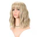 FAELBATY Blonde Wave Short Bob Wigs With Air Bangs Shoulder Length Wig For Women and Girls Curly Wavy Synthetic Cosplay Costume Wig (12" Mix blonde and gold)
