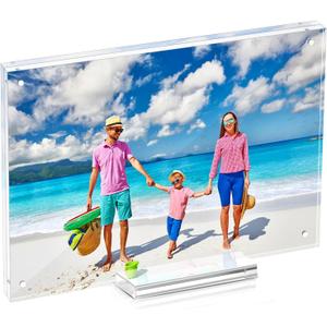 6x8 Magnetic Acrylic Picture Frame, Clear Double Sided Frame with Base, Frameless Floating Lucite Photo Frame Stands on Desk Table Horizontally or Vertically