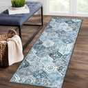 Runner Rug Washable Moroccan Trellis Hallway Runner Rug Entryway Rug, Stain Resistant Non-Slip Vintage Distressed Bedroom Rug Runner Entrance Carpet for Laundry Kitchen, Blue/Grey, 2' x 6'