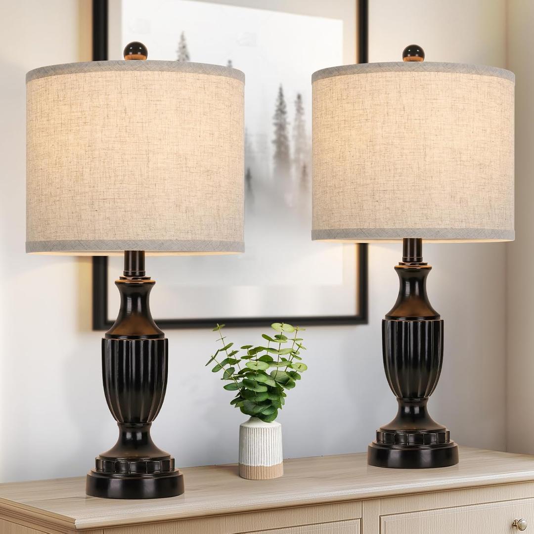 TOBUSA Farmhouse Living Room Table Lamps Set of 2, Matte Black Rustic Vintage Table Lamps for Bedroom Nightstand, Antique Bedside Desk Lamps with Linen Shade, 22 Small Resin Lamp Sets for End Table