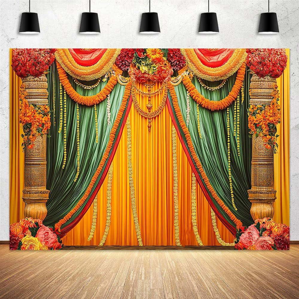 10 x 8ft Indian Diwali Pooja Photo Backdrop Photography Background for Durga Puja, Traditional Chatiya Navratri Ganpati Ganesh Marigold Backdrops Photo Booth Prop Decorations Wall Decor Tablecloth (Orange)