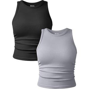 OQQ Women's 2 Piece Tank Tops Crew Neck Sleeveless Basic Stretch Casusal Yoga Crop Camis, M