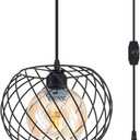 Long-ZS Plug in Pendant Light Dimmable, Glass Hanging Lamp Plug in with 16ft Cord,Black Swag Lamp for Kitchen Island,Bedroom,Living Room,Corner