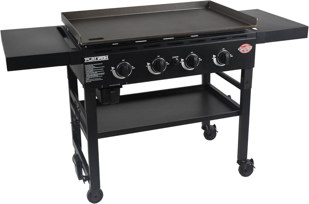 Char-Griller Flat Iron 4-Burner Propane Gas Flat-Top Griddle with Steel Griddle Top, Wind Guards and Instant-Ignition, 775 Cooking Square Inches in Black, Model E8936