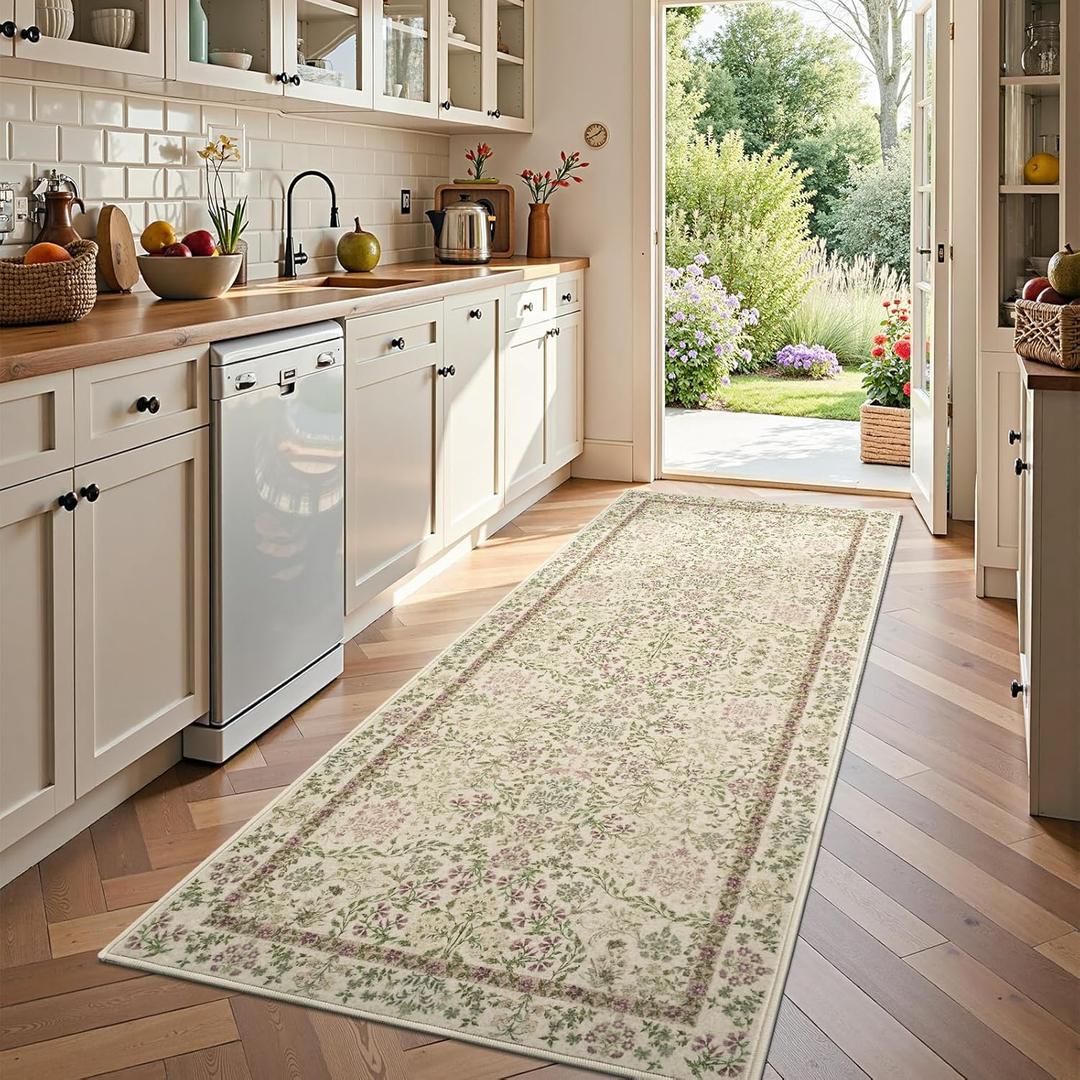 jinchan Zenith Floral Runner Rug 3x8 Washable Kitchen Runner Non-Slip Low-Pile Soft Carpet Runner Botanical Throw Rug for Hallway Entryway Laundry Room Bedroom Pastoral Green