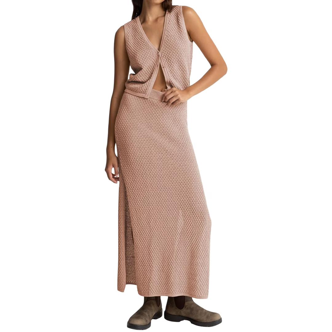 Pink Queen Women's Skirt Set 2 Piece Outfits Sleeveless Button Crop Top Wedding Slit Pencil Maxi Long Dress Oatmeal, Medium