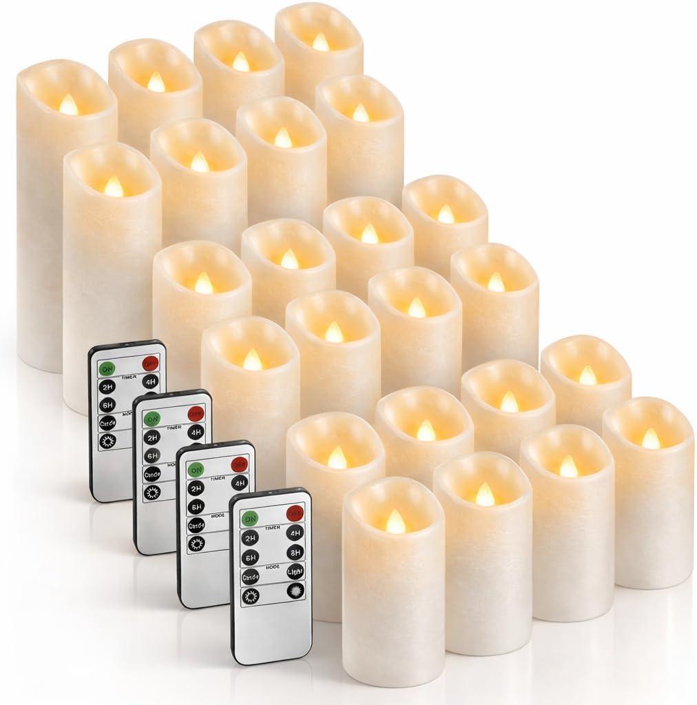 Enido 24 Pc Flameless LED Candles with Remote & Timer, Outdoor Waterproof, Flickering Electric Warm Lights for Cozy Home & Holiday Romantic Decor, Battery Operated (D 2.2 x H 4/5/6)
