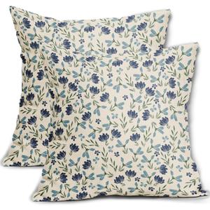 Green Teal Navy Blue Floral Pillow Covers 18x18 Set of 2 Vintage Rustic Old Style Cute Small Flower Print Decorative Outdoor Pillowcases Farmhouse Throw Cushion Case Decor for Couch Sofa Bed