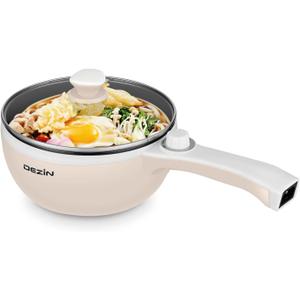 Dezin Hot Pot Electric Upgraded, Non-Stick Saut Pan, Rapid Noodles Electric Pot, 1.5L Mini Portable Hot Pot for Steak, Egg, Fried Rice, Ramen, Oatmeal, Soup with Power Adjustment (1.6 Quarts, Beige)