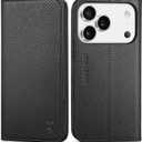 SHIELDON Real Leather Wallet Case for iPhone 17 Pro 6.3 Inch 5G 2025 | Magnetic Cover | RFID Blocking Card Slots | Kickstand | Folio Protective Phone Shell | Women Men | Pebbled Black