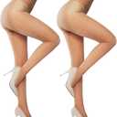 Yilanmy Womens Glitter Sheer Tights Sexy Sparkly Tights Shiny Shimmer Elastic High Waist Pantyhose Transparent 2 Pairs (Beige, L)