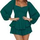 LYANER Women's Jumpsuit Lantern Long Sleeve Ruffle Layer Tie Mini Short Romper, XXL