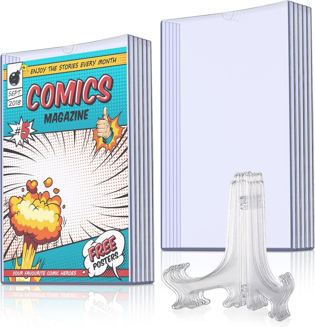 Zonon 5 Set Comic Book Display Case Set, Include Comic Book Sleeves and Clear Plastic Easels, 7.6 x 10.7 Inch Magazine Protectors for Collectors Plate Holder Display Stand Picture Stand for Decor