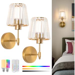 Battery Operated Crystal Wall Sconces Set of 2, Wireless Wall Lamp with RGB Rechargeable Dimmable Bulbs, Modern Wall Sconce with Remote for Bedroom, Living Room, Bulbs Included(Gold)