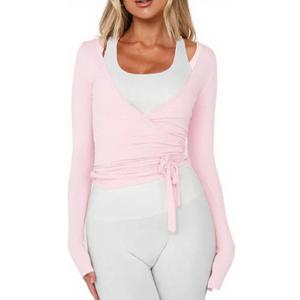 Women Wrap Tie Top Y2k Long SLeeve Ballet Workout Yoga Shirt Coquette Blouses (Medium, Pink)