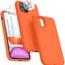 JTWIE [5 in 1 for iPhone 11 Case 6.1 inch, with 2 Pack Screen Protector + 2 Pack Camera Lens Protector, Liquid Silicone Slim Shockproof Protective Phone Case [Microfiber Lining (Orange)