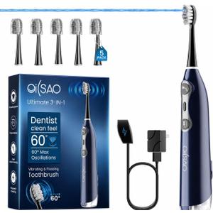 Electric Toothbrush with Water Flosser for Adults, 3in1 Sonic Brush & Floss Combo, Cordless Oral Irrigator, 3 Modes, 30Day Battery, Travel Toothbrush for Braces, Sensitive Gums, Missing Brush Heads