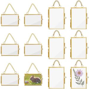 OLYCRAFT 12pcs 2 Styles Mini Hanging Glass Frame Wall Hanging Photo Frames Rectangle Double Glass Picture Frame with Chain Brass Frame DIY Artwork Display Frames for Pressed Flowers Pictures Home Wall
