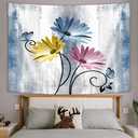 Rustic Farmhouse Flowers Tapestry Farm Blue Daisy Floral Butterfly on Country Wooden Tapestries, Blue Grey Tapestry Wall Haning for Bedroom Ceiling Living Room Poster,90X70IN (90L" x 70W")