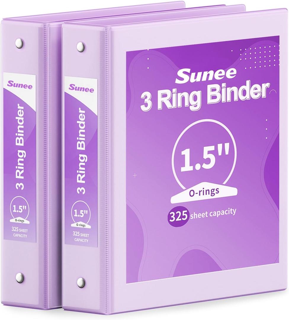 SUNEE 3 Ring Binder 1.5 Inch 2 Pack, Clear View Binder Three Ring PVC-Free (Fit 8.5x11 Inches) for School or Office Supplies, Purple