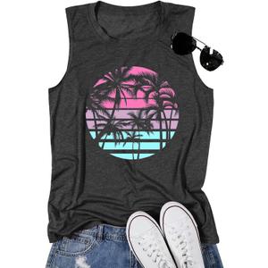 Hawaiian Beach Tank top for Women Summer Palm Tree Graphic Vacation Tops (X-Large, Palm Dark Grey)