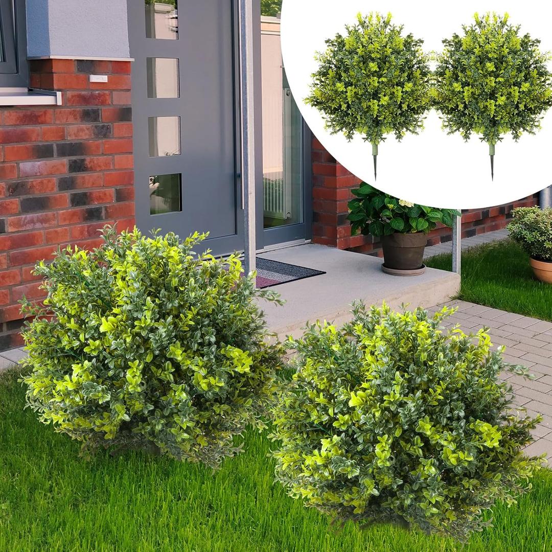 2 Pack Artificial Boxwood Topiary Ball 24'' Faux Boxwood Tree with Ground Spike UV Resistant Evergreen Bush Fake Outdoor Plants for Front Door Porch Garden Yard Wedding Indoor Decor
