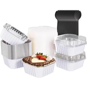 25 Pack Square Mini Cake Pans with Lids,Mini Loaf Pans with Lids,Aluminum Foil Baking Cups,Disposable Ramekins Cupcake Cups,Dessert Cups for Wedding Birthday Party Picnics,5oz (White)