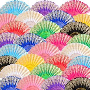 Geetery 30 Pcs Folding Hand Fan for Line Dancing Bulk Colorful Spanish Silk Fabric Clapping Popping Fans for Women Vintage Flower Boots on the Ground Fan Nurse Wedding Party(Elegant Colors,Embroidery)