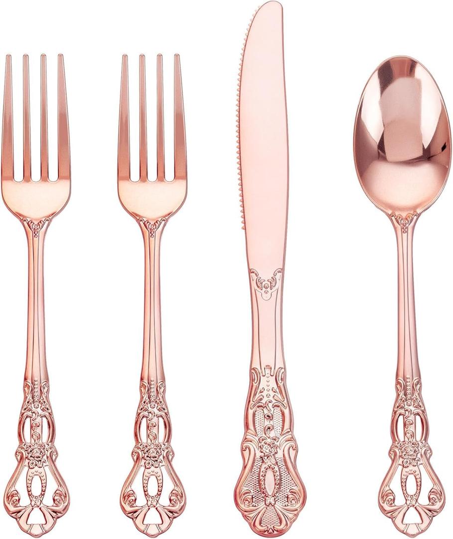 40PCS Rose Gold Plastic Silverware - Heavy Duty Elegant Disposable Utensils - Rose Gold Plastic Cutlery set Includes 20Forks, 10Spoons, 10Knives for Dinner, Parties, Weddings, Mother's Day