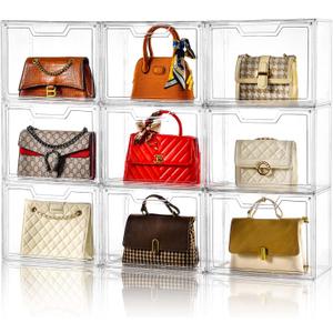 Purse Organizer for Closet,Clear Acrylic Display Case for Handbag Organizer, Purse Storage Box with Magnetic Door, Plastic Storage Bins for Book, Collectibles, Cosmetic (9 Pack)