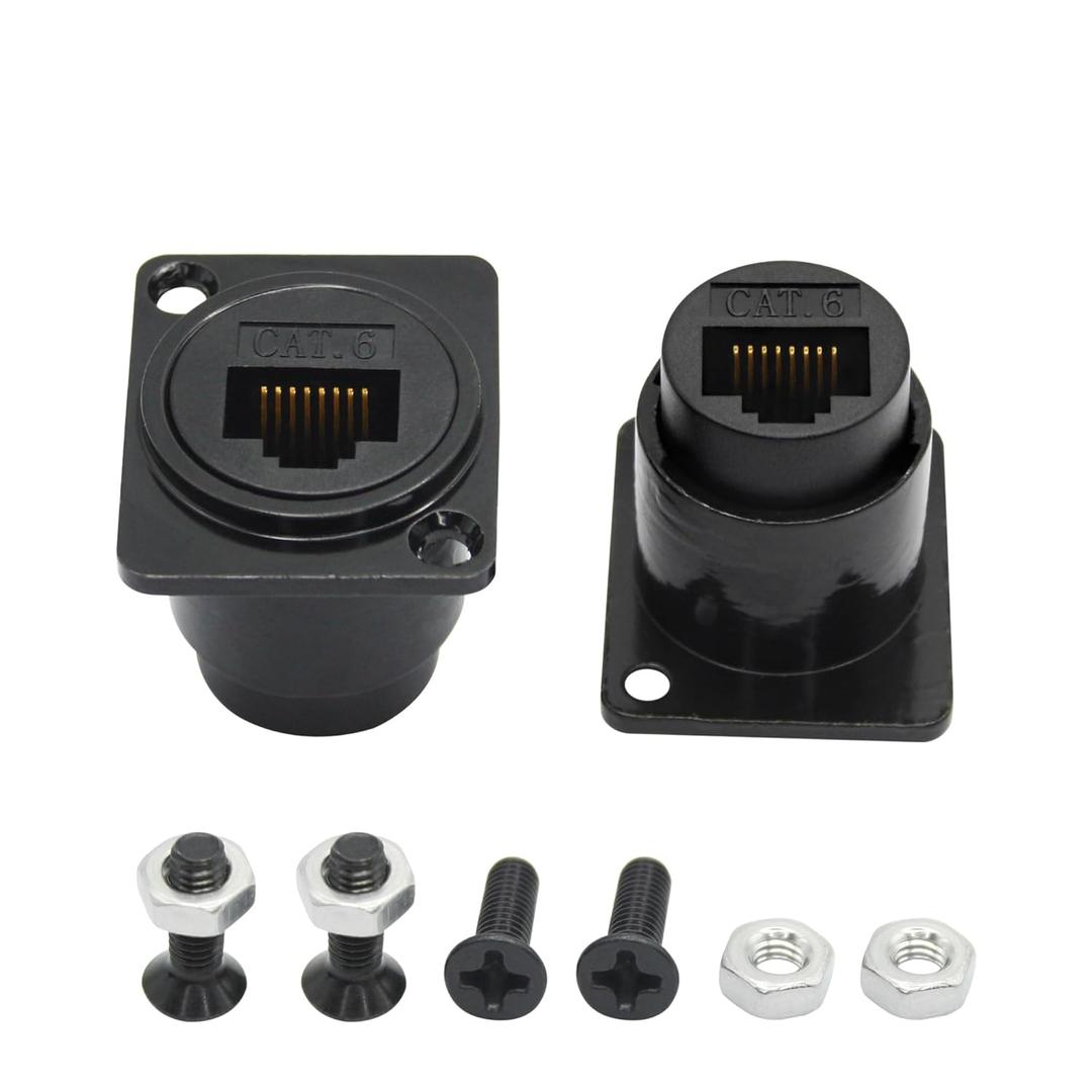 2Pcs RJ45 Panel Mount Connector, D-Type RJ45 Cat6 Female to Female Through Socket with Install Screw, Ethernet Extension Coupler Adapter