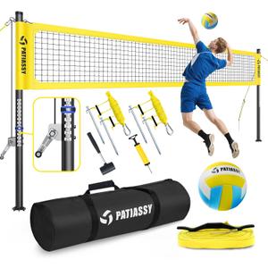 Portable Volleyball Net for Backyard: Patiassy Heavy Duty Professional Outdoor Set with Adjustable Aluminum Poles Winch System Steel Stakes Anti-Sag Design Pump and 1680D Carry Bag for Beach Grass
