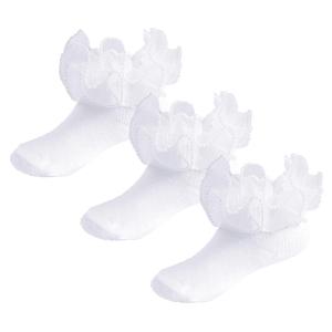 Yenzat Girls Ruffle Socks Pearls Lace Socks for Toddler Little Girls Frilly Dress 3-5 Years 3 Pairs White (White)