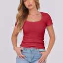 ANRABESS Women Short Sleeve Tops Scoop Neck Ribbed Knit Slim Fitted Basic Tee Shirt Casual Summer Clothes 2026 Spring Outfits (Red, M)