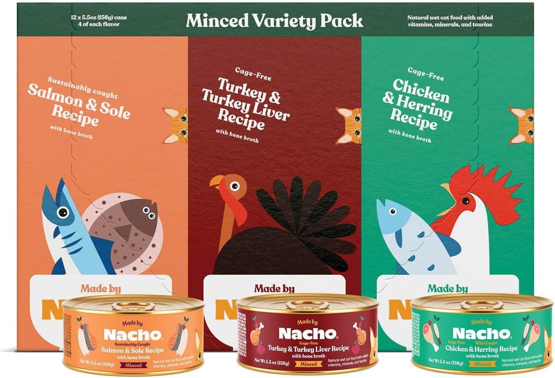 Made by Nacho Premium Minced Wet Canned Cat Food with Hydrating Bone Broth 5.5oz (12 Packs) (Variety Pack (Turkey & Turkey Liver, Chicken & Herring, and Salmon & Sole)), BB Date 06/28/2026