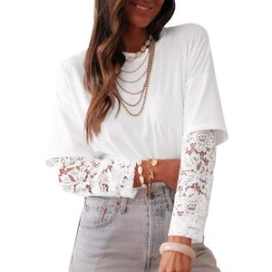 LOLONG T Shirts for Women Spring 2026 Long Sleeve Lace Patchwork Crew Neck Tops Casual Tees XXL