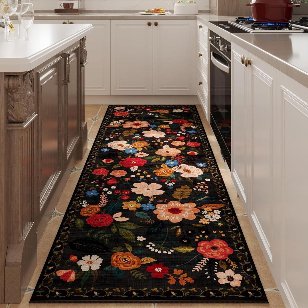 Rugcomf Runner Rug for Hallways Kitchen Rug Non Slip 2'x 6' Washable Runner Rugs with Rubber Backing Soft Floral Carpet Runner for Hallways, Kitchen, Laundry, Bedroom, Bathroom(Black)