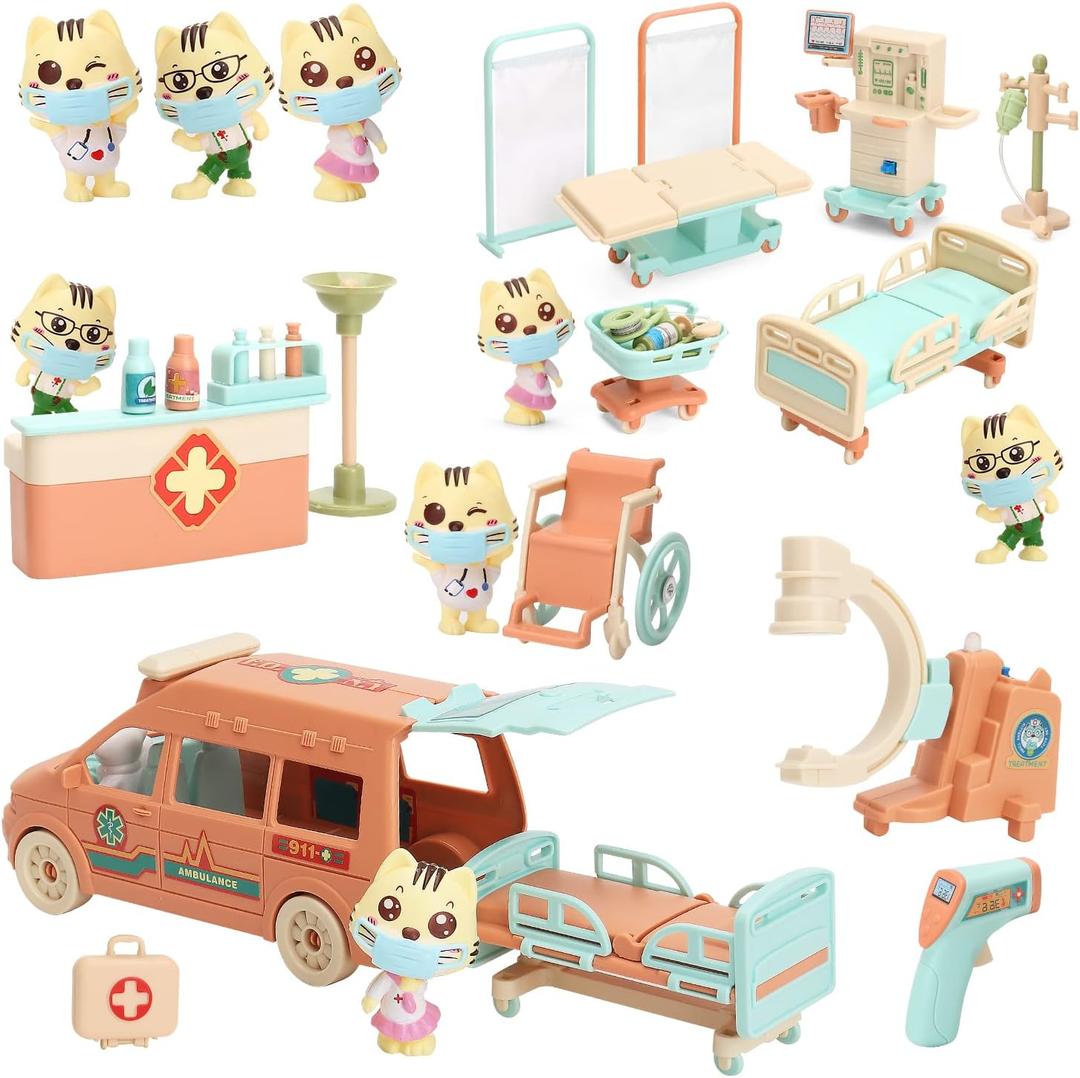 BananMelonBM Cat Dolls Doctor Pet Pretend Play Toys, Figures Playset Toy, Hospital and Ambulance Toy with Lights and Sound, Educational Toys, Gift for Kids Toddlers Boys and Girls