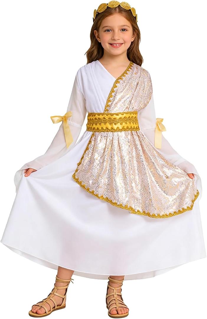 FairySassy Little Girls Halloween Greek Goddess Costume Toga God Dress with Roman Crown Leaf Wreath (9-10 Years,Gold)