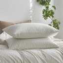 MooMee Bedding Pillowcases Striped Pack of 2 100% Washed Cotton Linen Like Textured Breathable Durable Soft Comfy (White Sage Green Wide Stripes, King)