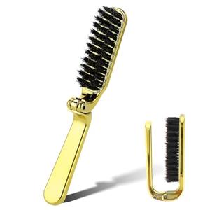 Foldable Boar Bristle Hair Brush, Small Folding Hairbrush Collapsable Mini Travel Hair Brush Anti-Static Range Hair Brush for Women, Portable Pocket Comb Hair Styling Tool,Beard Brush for Men (Gold)