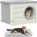 Outdoor Cat House Weatherproof Insulated,Plastic Waterproof Elevated Cat Shelter Stackable Pet House Cat Wave for Outdoor Indoor Use with Bed Cushion, Grey