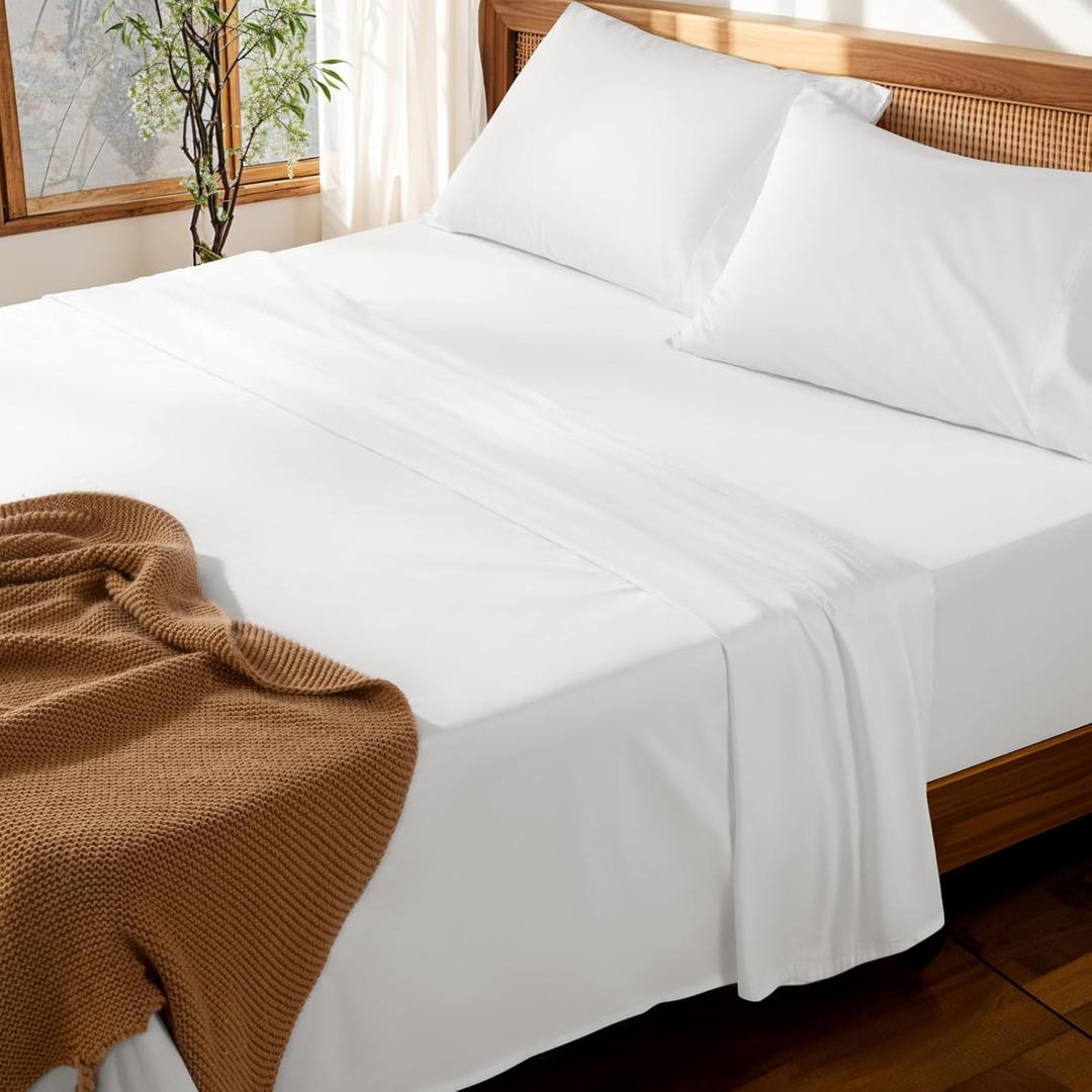 LBRO2M 100% Cotton Sheets Set Deep Pocket 19", 1000 Thread Count Queen Size 4 Piece Bed Sheet Sets Soft Comfortable Bedding All Season (Queen, White)