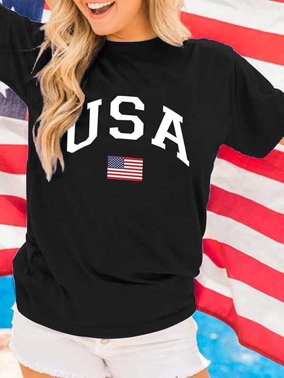 Women Distressed American Flag Graphic Shirt USA Stars Stripes Patriotic Short Sleeve Top, L
