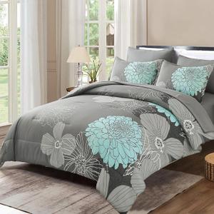 Yiran 7 Pieces Bed in a Bag Floral Comforter Set Queen Flowers Bedding Set Soft Microfiber Boho Comforter Sets with 1 Comforter 1 Flat Sheet 1 Fitted Sheet 2 Pillowshams and 2 Pillowcases (Grey)