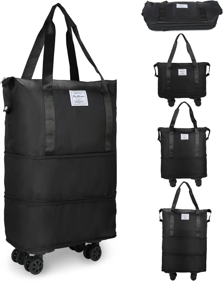 VOOWO Rolling Duffle Bag with Wheels, Expandable Foldable Duffle Bag for Travel, Rolling Under Seat Luggage Carry on Duffel Bags, Wheeled Travel Duffel Weekend Bags, Capacity 18L to 30L (Black)