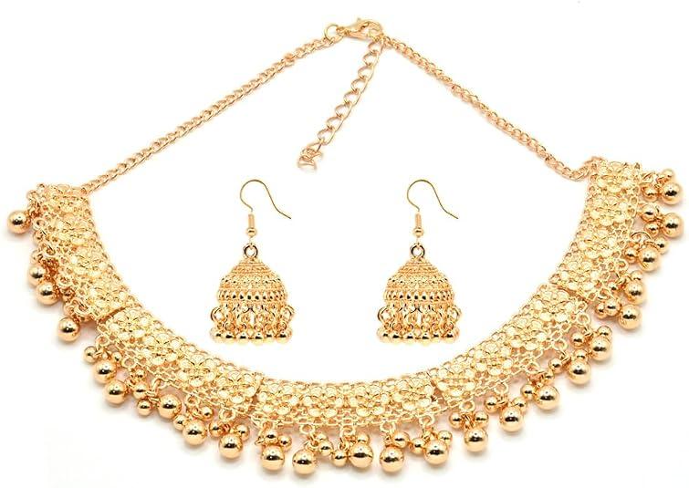 Bohemian Bridal Jewelry Set for Women Gold-Tone Plated Choker Necklace Jhumka Earrings Indian Wedding Boho Flower Ethnic Party Wear Bollywood Festival Statement Piece Traditional Tribal Holiday Prom